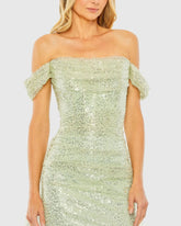Green Off the Shoulder Sequin Panel Train Gown